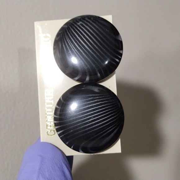 Women's Ceramic Black Circle Stud Earrings with Silver Color Stripes 1-inch - Picture 2 of 4